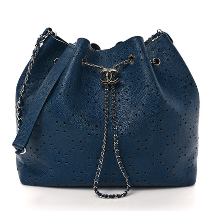 Chanel Caviar Perforated Large Drawstring CC Bag Blue 3 of 11