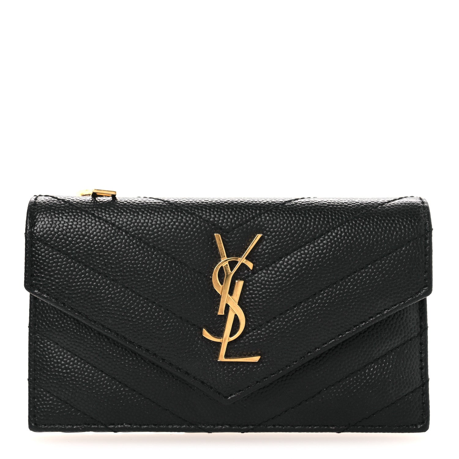 Saint Laurent Grain De Poudre Matelasse Chevron Monogram Compact Wallet Black 1 of 9