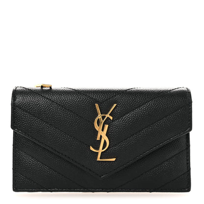 Saint Laurent Grain De Poudre Matelasse Chevron Monogram Compact Wallet Black 1 of 9