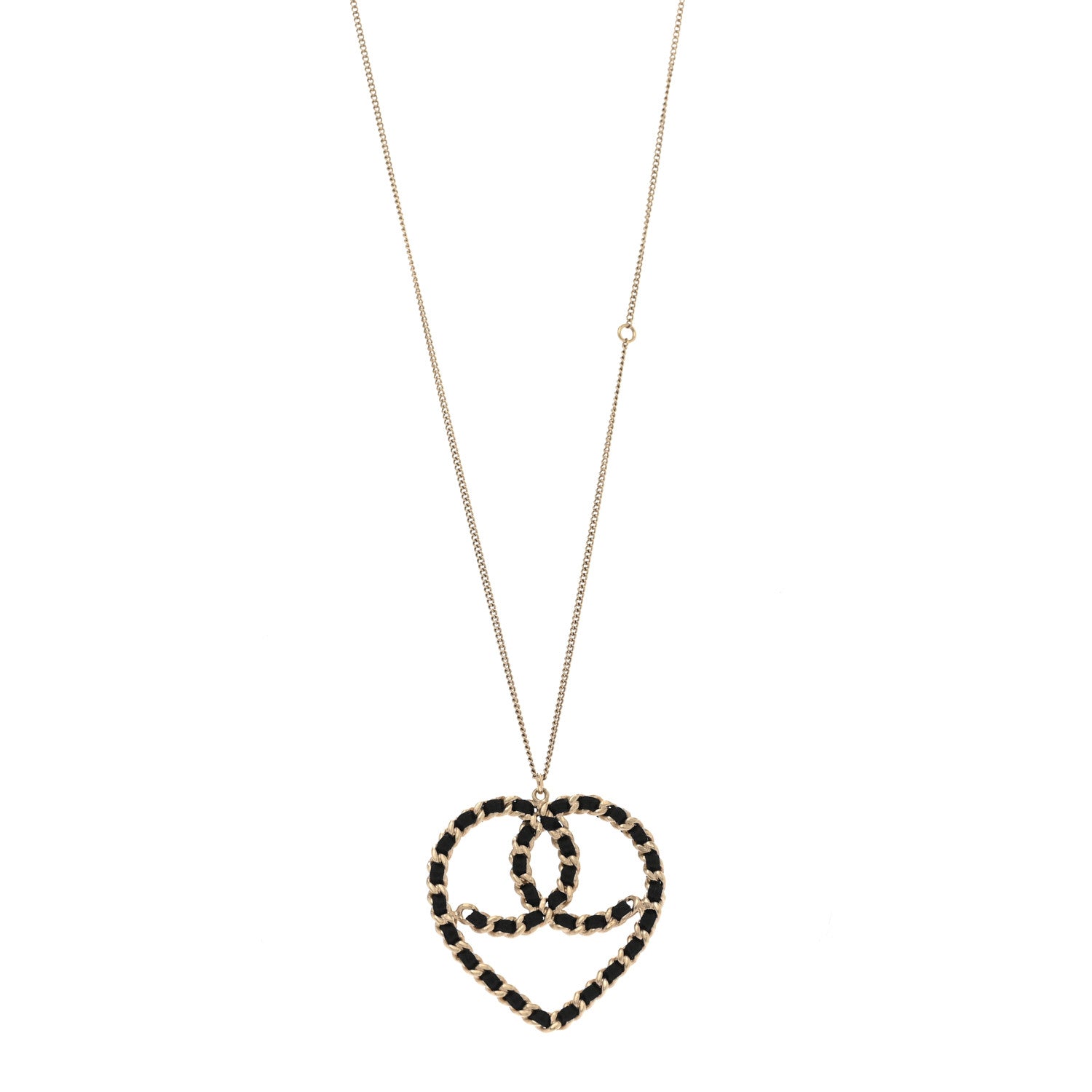Chanel Satin Metal Chain CC Heart Necklace Black Gold 1 of 6