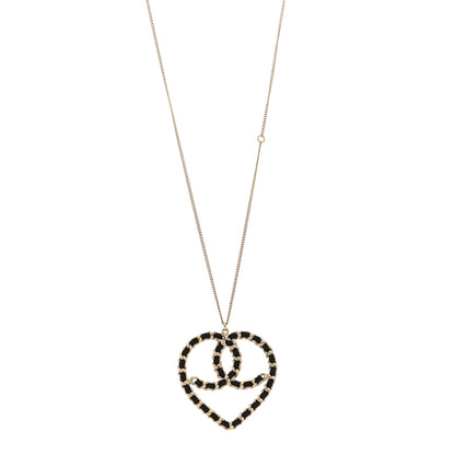 Chanel Satin Metal Chain CC Heart Necklace Black Gold 1 of 6