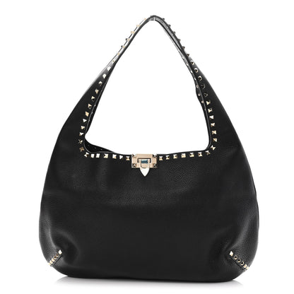 Valentino Garavani Grained Calfskin Large Rockstud Hobo Black 1 of 9
