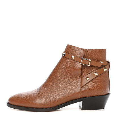 Valentino Garavani Grained Calfskin Rockstud Single Buckle 35mm Cowboy Ankle Boots 38 Tobacco 1 of 8