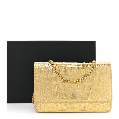 Chanel Metallic Calfskin Crocodile Embossed Cocodile Wallet On Chain WOC Gold 18 of 18