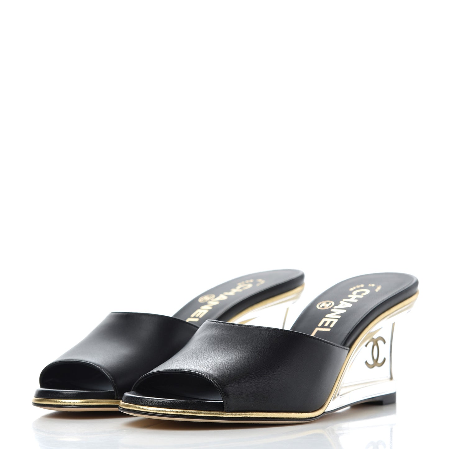 Lambskin Lucite CC Wedge Mules 35.5 Black