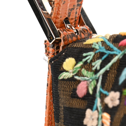 Fendi Lizard Zucca Floral Embroidered Baguette Tobacco Multicolor 10 of 10