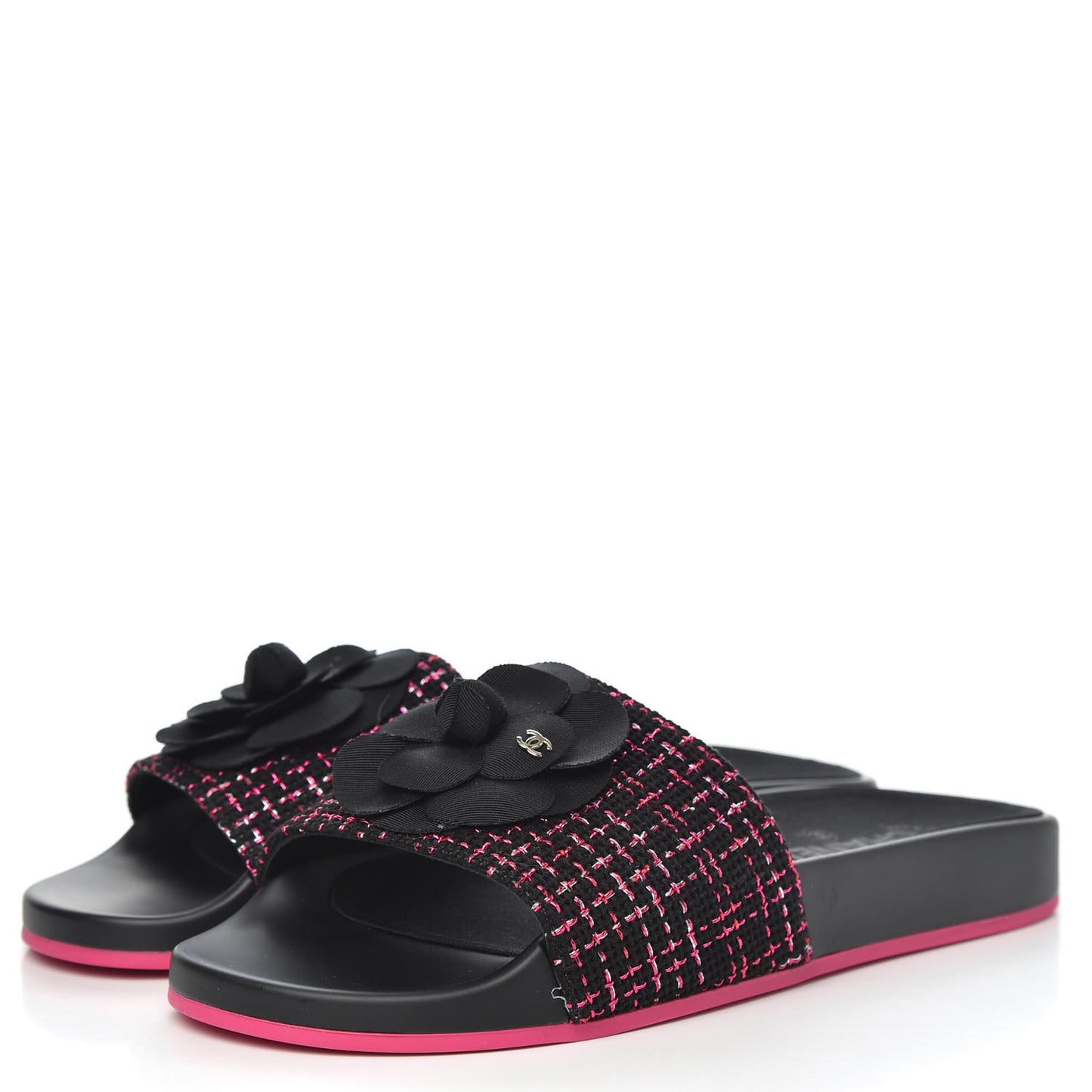 Tweed Grosgrain Camellia CC Flat Mules 40 Black Pink