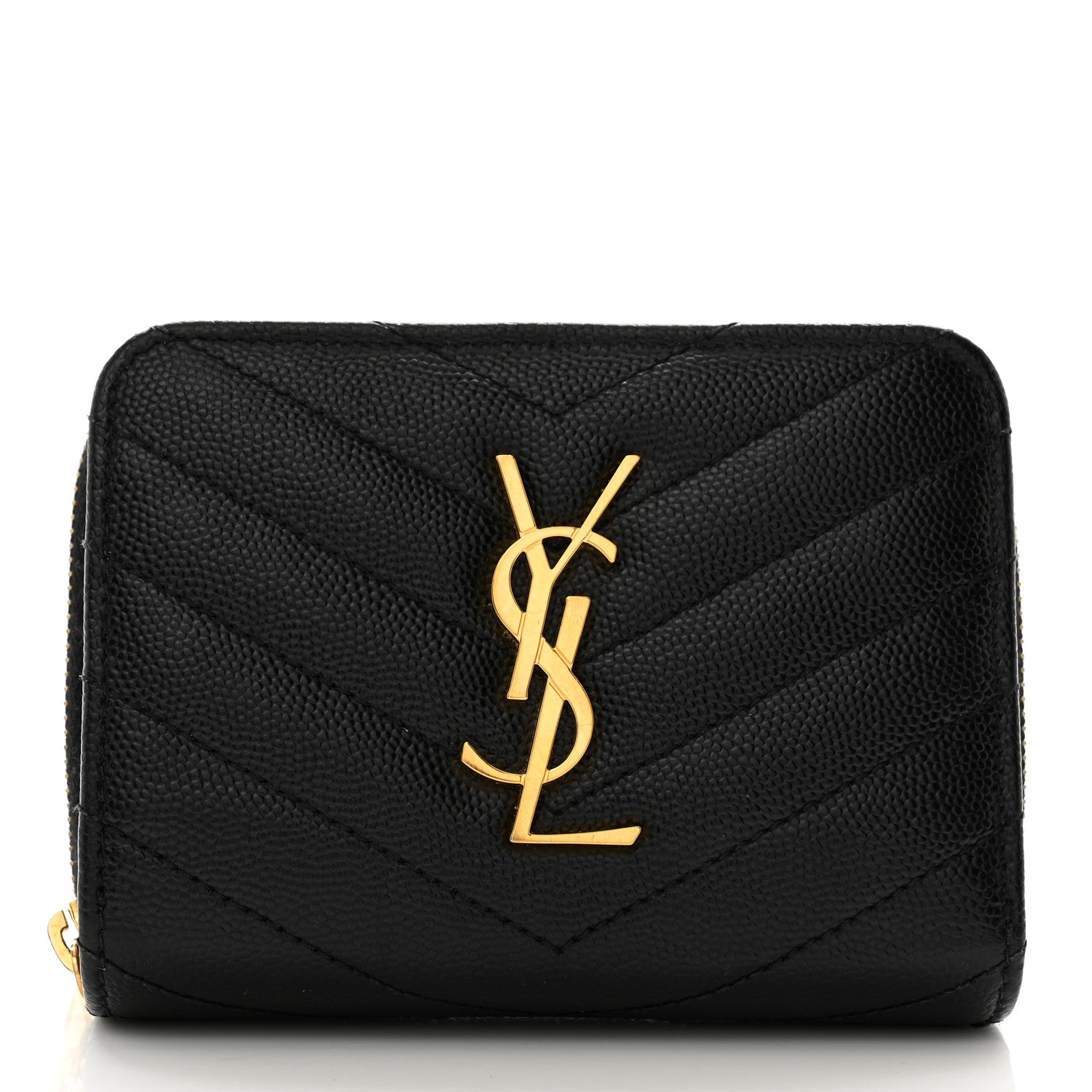 Saint Laurent Grain De Poudre Matelasse Chevron Monogram Compact Zip Around Wallet Black 1 of 11