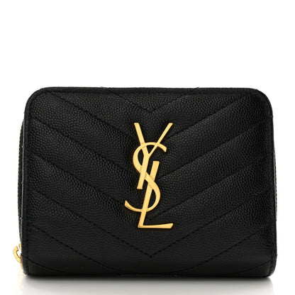 Saint Laurent Grain De Poudre Matelasse Chevron Monogram Compact Zip Around Wallet Black 1 of 11