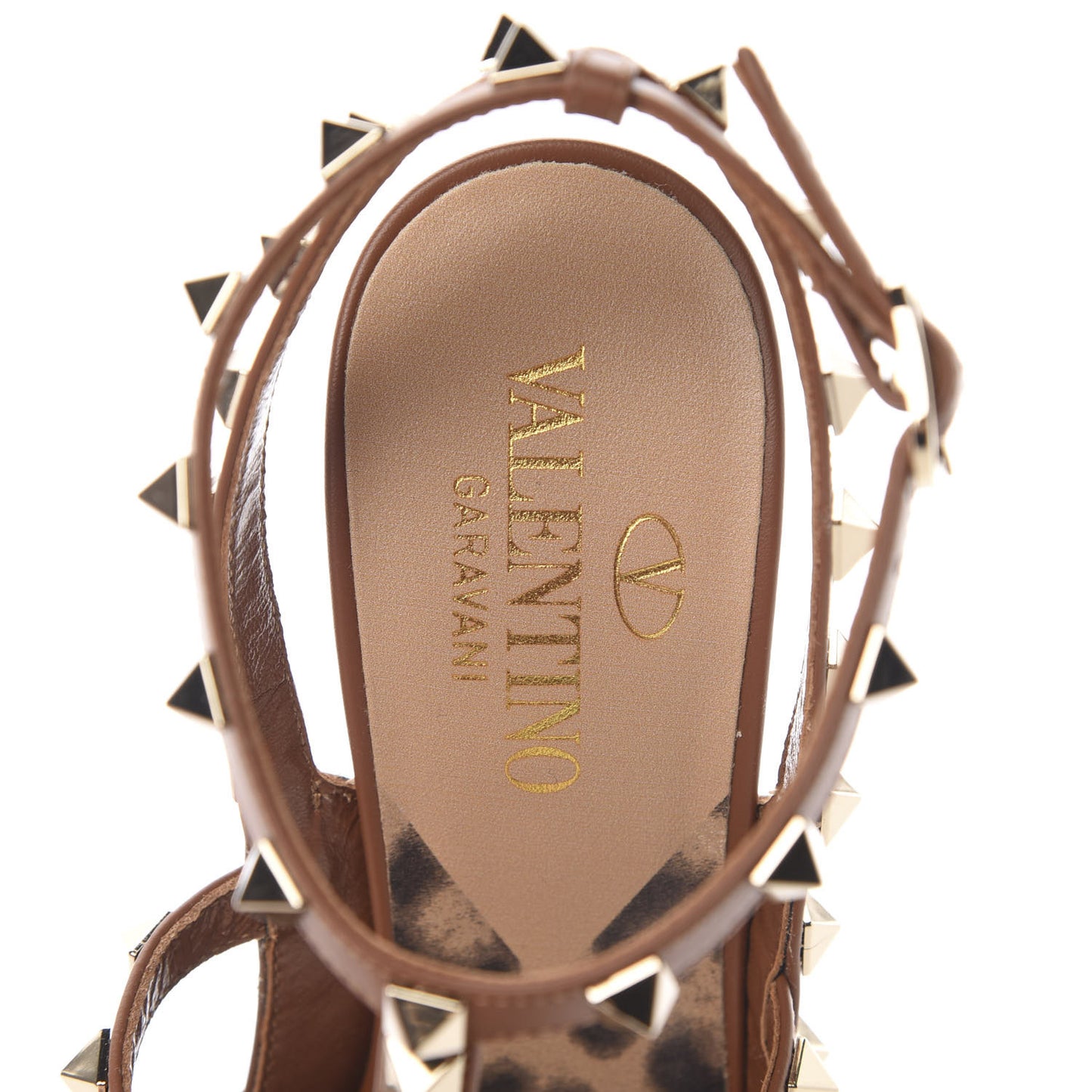 Canvas Leopard Print Rockstud Ankle Strap Pumps 37 Tan