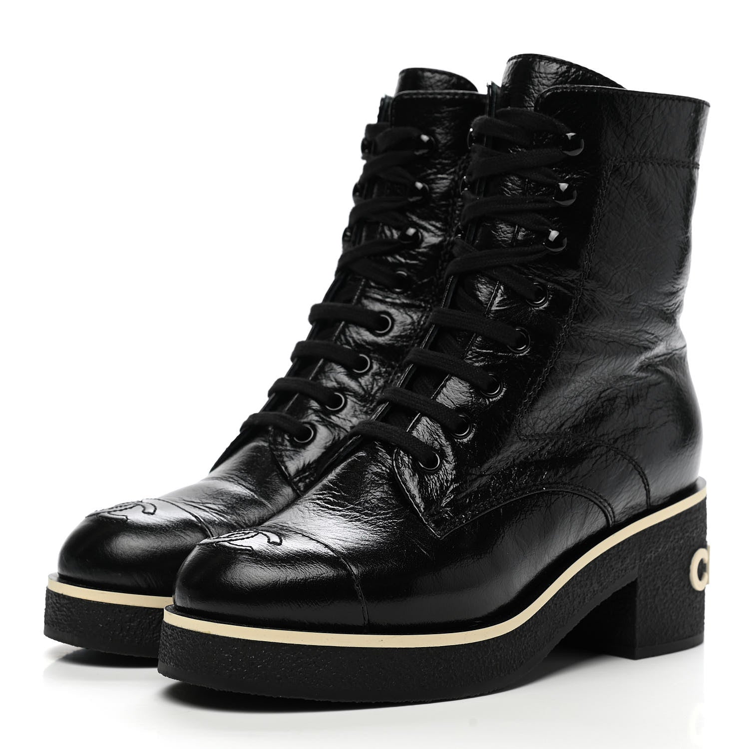 Chanel Shiny Crumpled Lambskin Lace Up Combat Boots 36 Black 3 of 9
