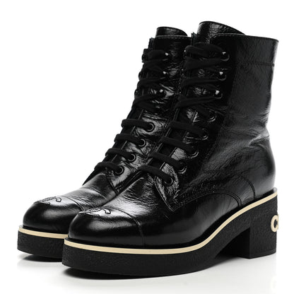 Chanel Shiny Crumpled Lambskin Lace Up Combat Boots 36 Black 3 of 9