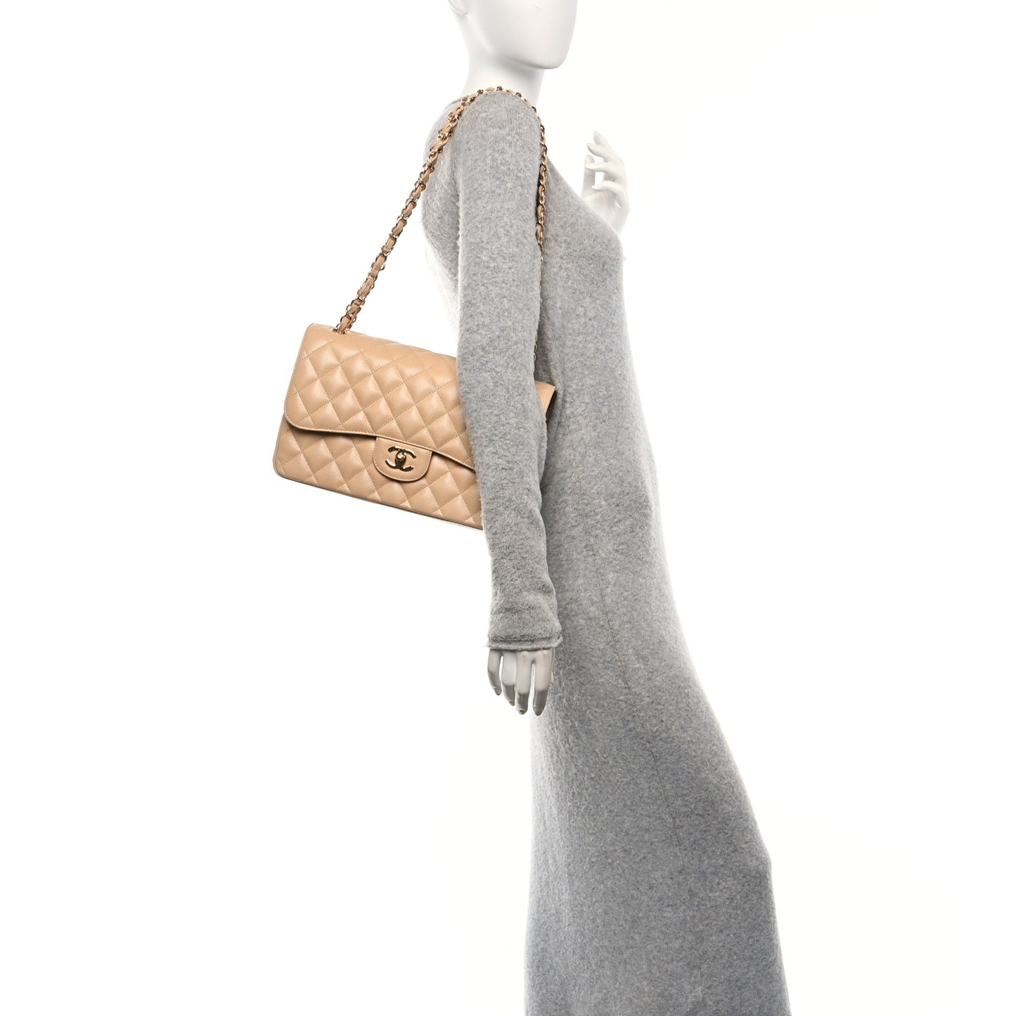 Caviar Quilted Jumbo Double Flap Beige