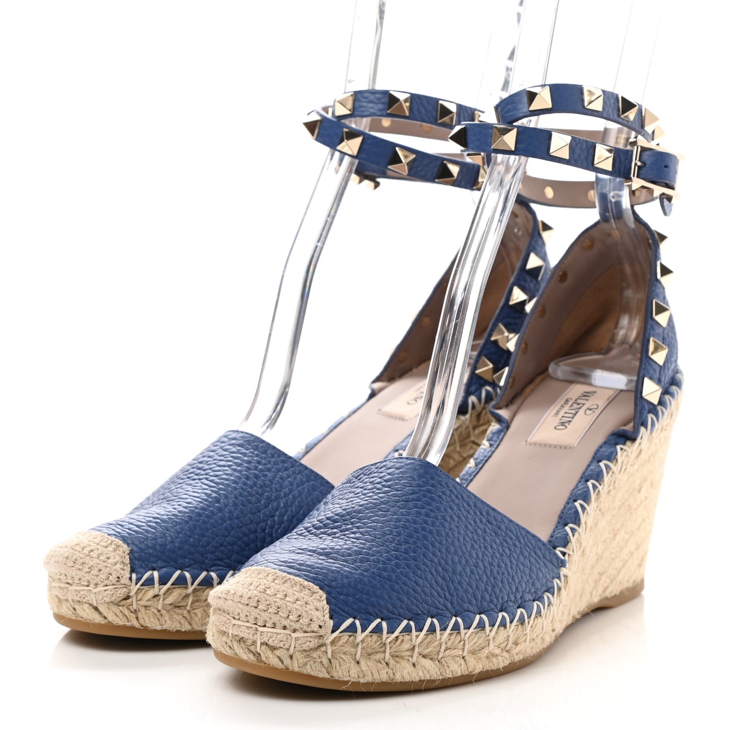 Grained Calfskin Rockstud Ankle Wrap Espadrille 15/85mm Wedges 37 Baltique