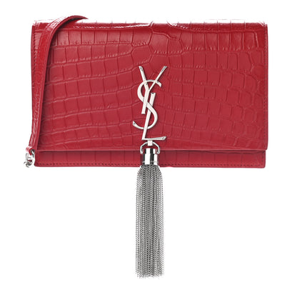 Saint Laurent Calfskin Crocodile Embossed Kate Monogram Tassel Chain Wallet Red 1 of 8