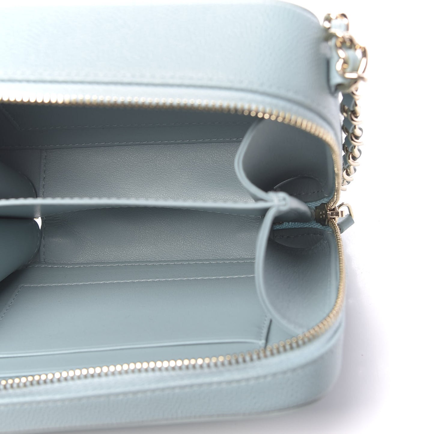 Caviar Quilted Filigree Vanity Clutch With Chain Light Blue