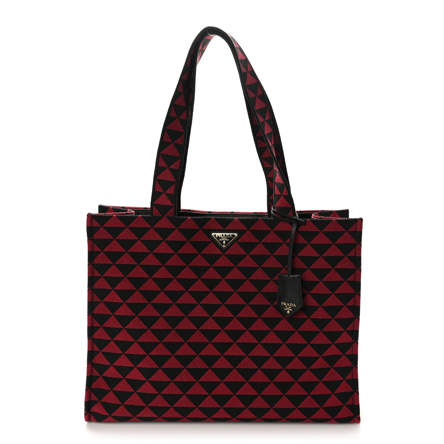 Prada Jacquard Saffiano Triangolo Symbole Embroidered Shopping Tote Black Ciliegia 1 of 8