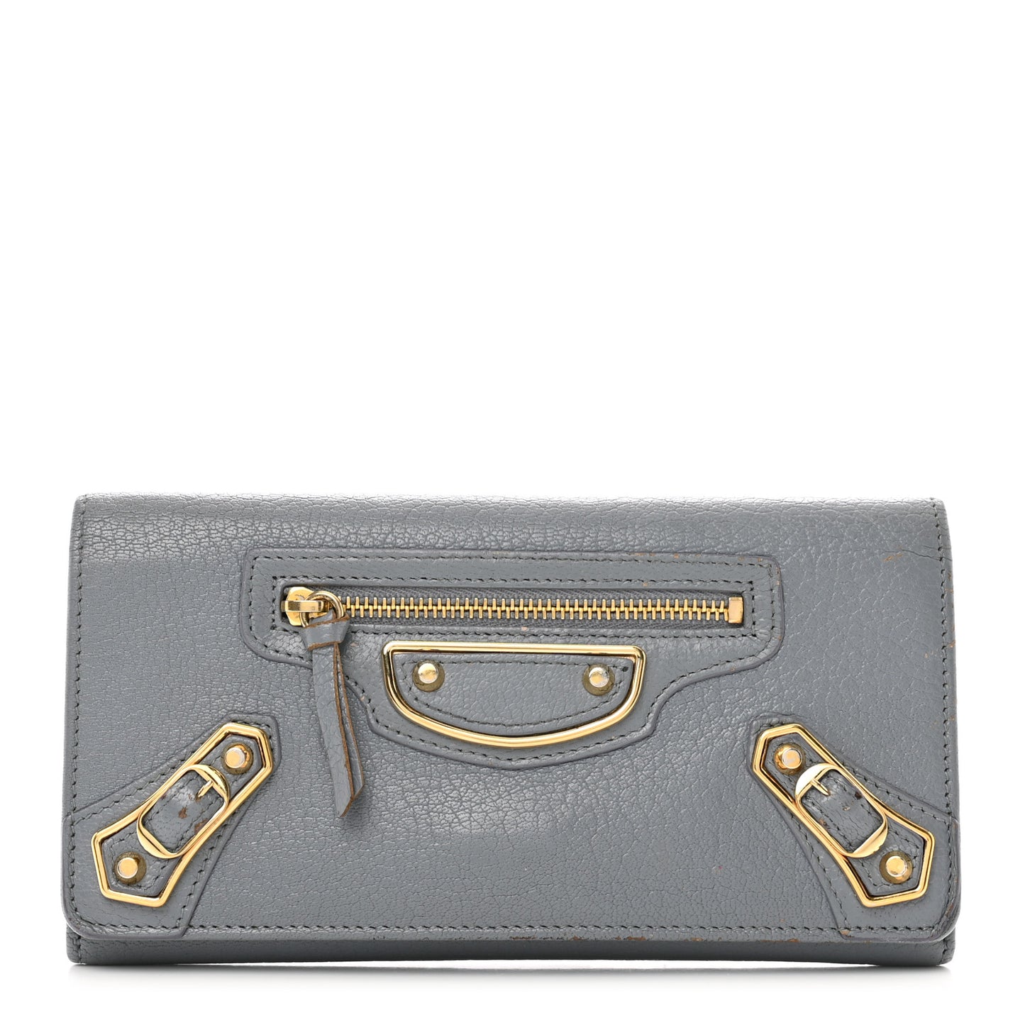 Chevre Gold Metallic Edge Hardware Continental Flap Wallet Bleu Acier