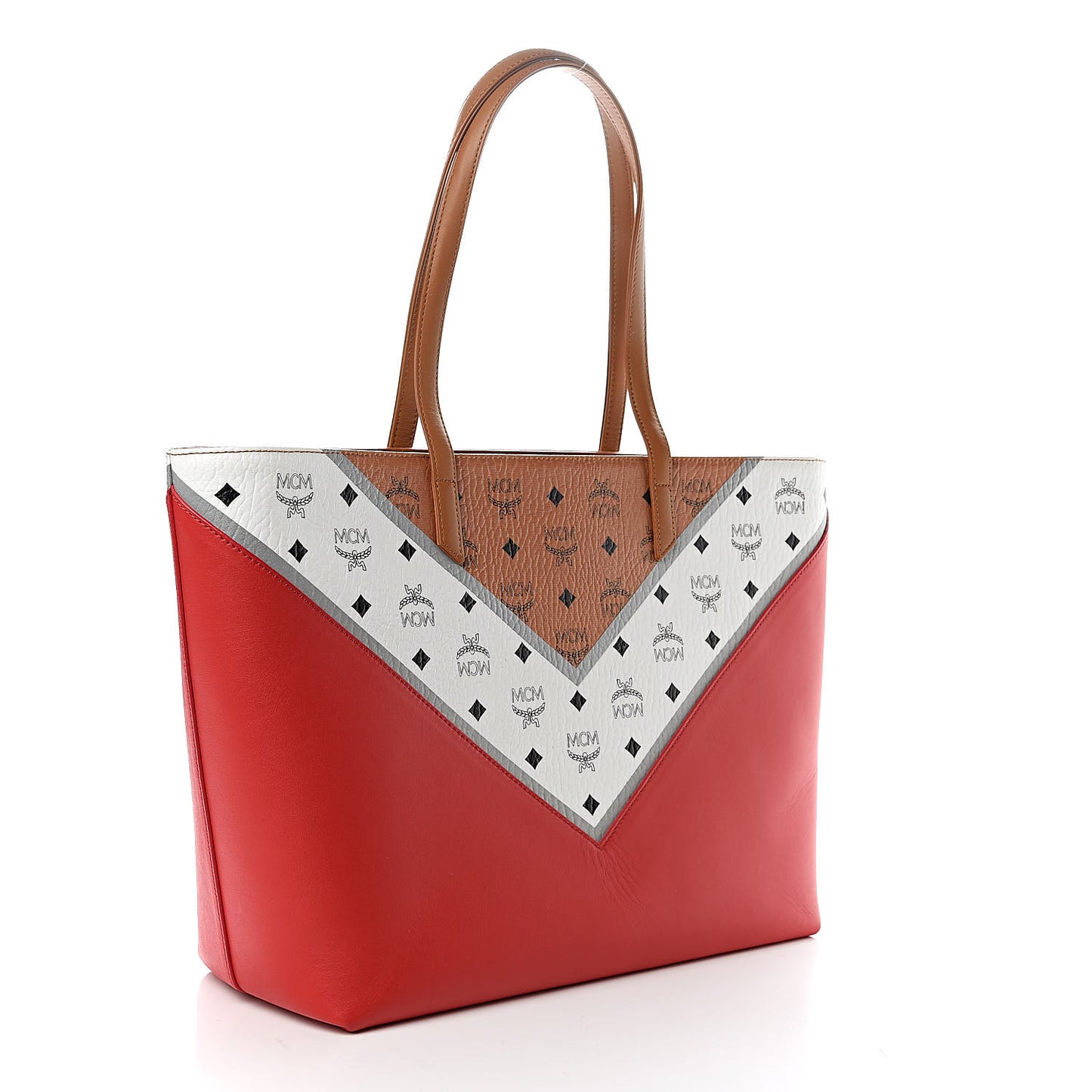 Visetos Chevron Medium Colorblock Anya Zip Top Shopper Tote Cognac White Ruby Red