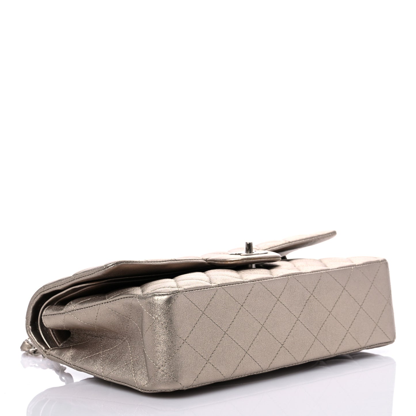 Metallic Lambskin Quilted Medium Double Flap Khaki