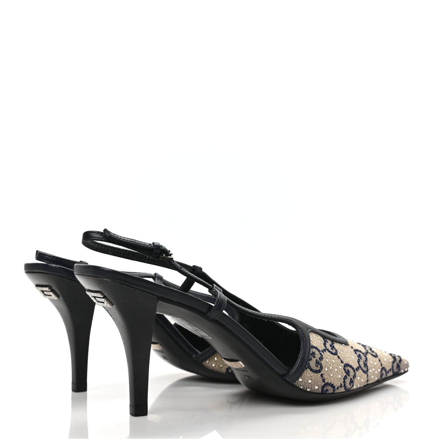 Gucci GG Monogram Malaga Kid Crystal Square G 75mm Slingback Pumps 39 Beige Blue 4 of 8