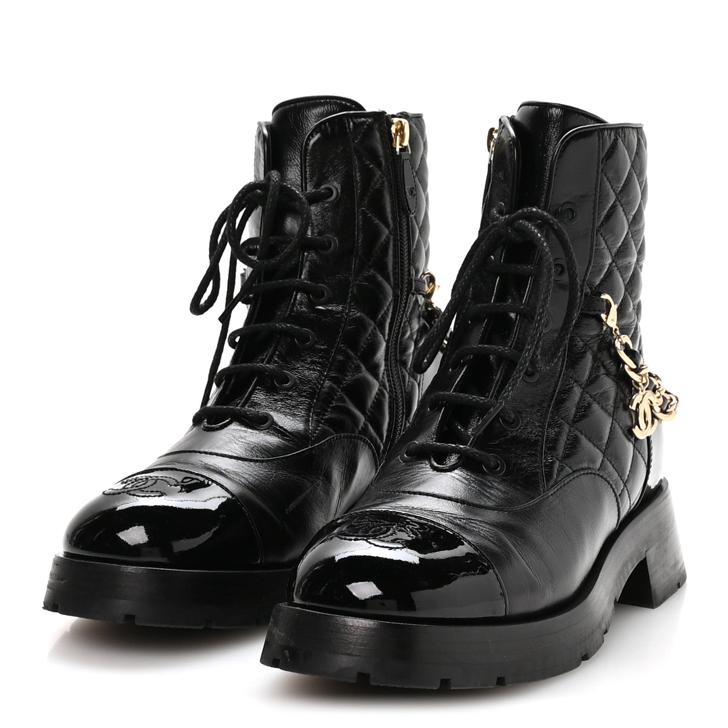 Chanel Shiny Calfskin Patent Quilted Chain Lace Up Combat Boots 40