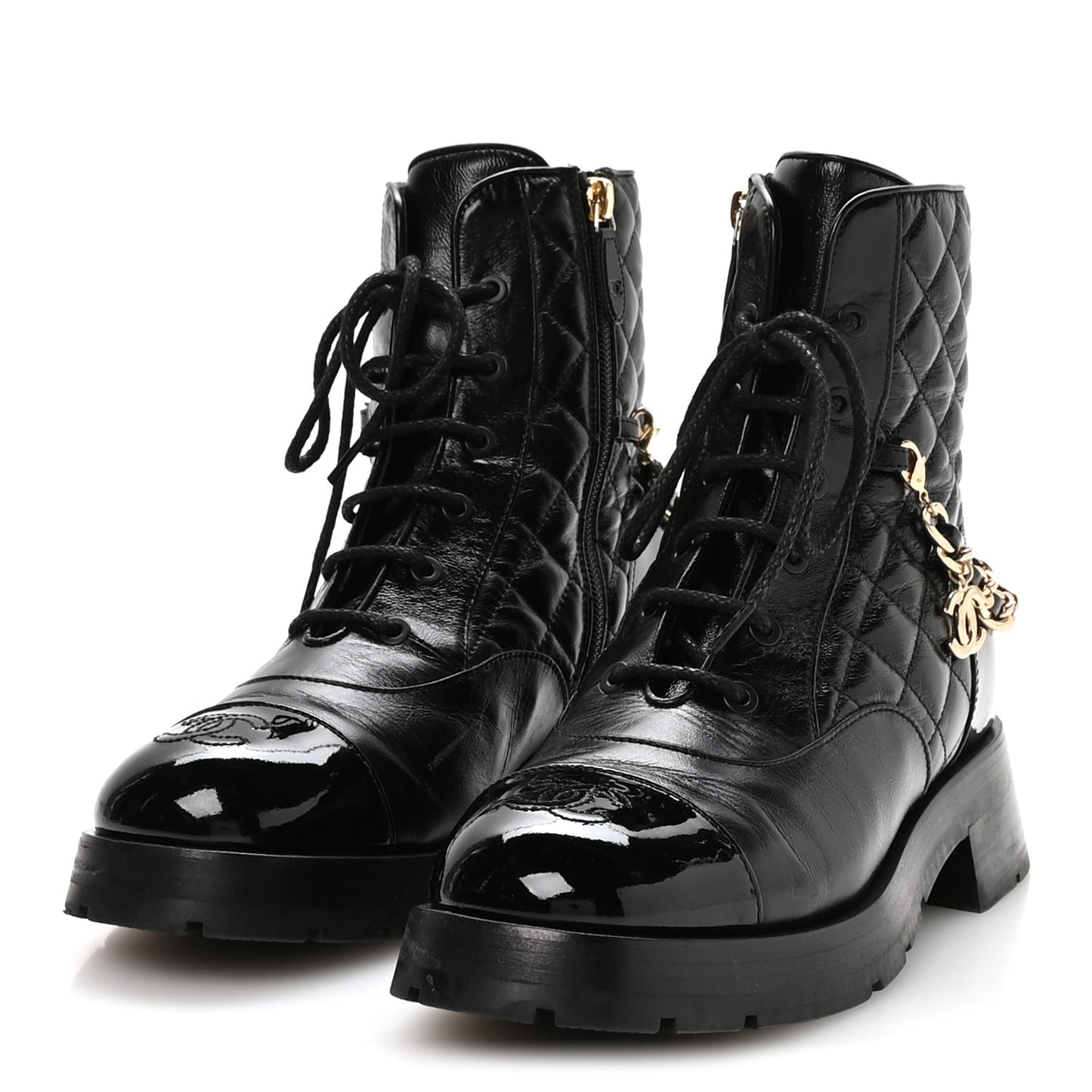 Shiny Calfskin Patent Quilted Chain Lace Up Combat Boots 40 Black
