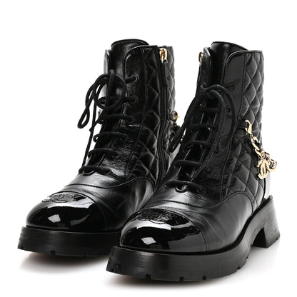 Chanel Shiny Calfskin Patent Quilted Chain Lace Up Combat Boots 40 Black 4 of 9