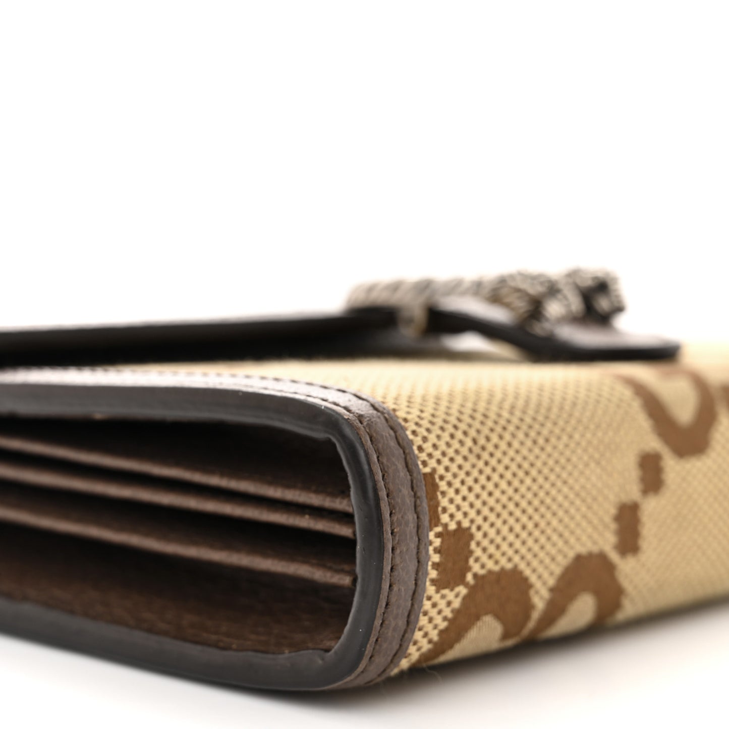 Monogram Jumbo GG Textured Dollar Calfskin Mini Dionysus Chain Wallet Camel Ebony New Acero