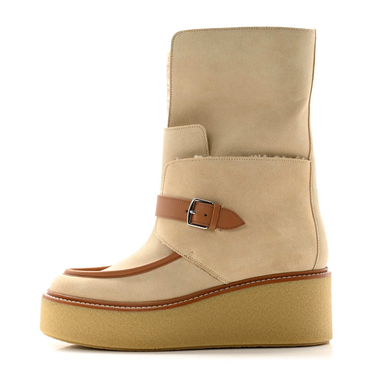 Hermes Suede Shearling Womens Hemisphere Ankle Boots 39 Beige Palomino 1 of 8