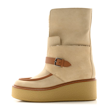 Hermes Suede Shearling Womens Hemisphere Ankle Boots 39 Beige Palomino 1 of 8