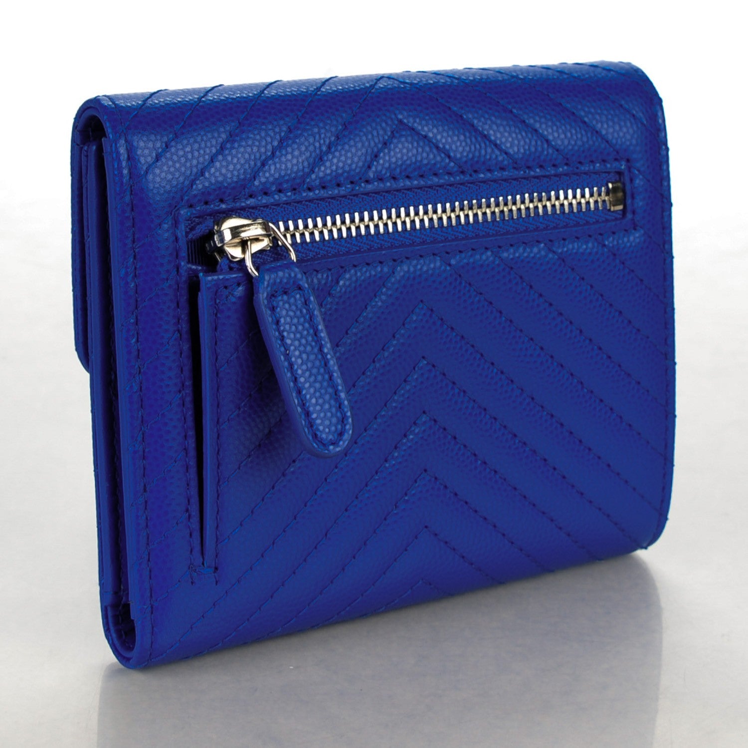 Chanel Caviar Chevron Quilted Compact Flap Wallet Bright Blue 3 of 8
