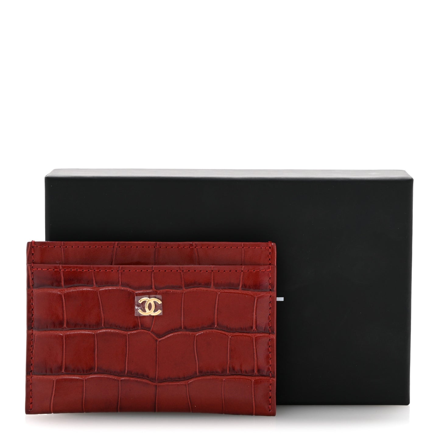 Calfskin Crocodile Embossed Crococo Card Holder Burgundy