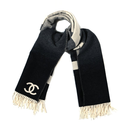 Chanel Cashmere Wool Logo Scarf Grey White 1 of 3