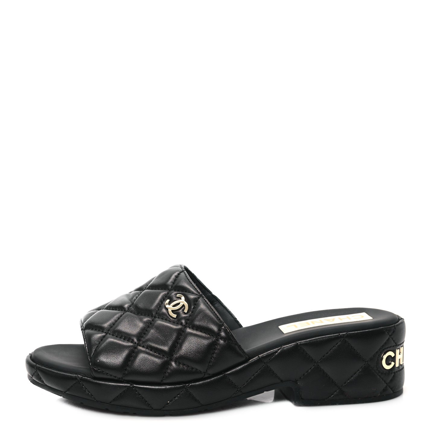 Lambskin Quilted CC Mules Wedge Sandals 40 Black