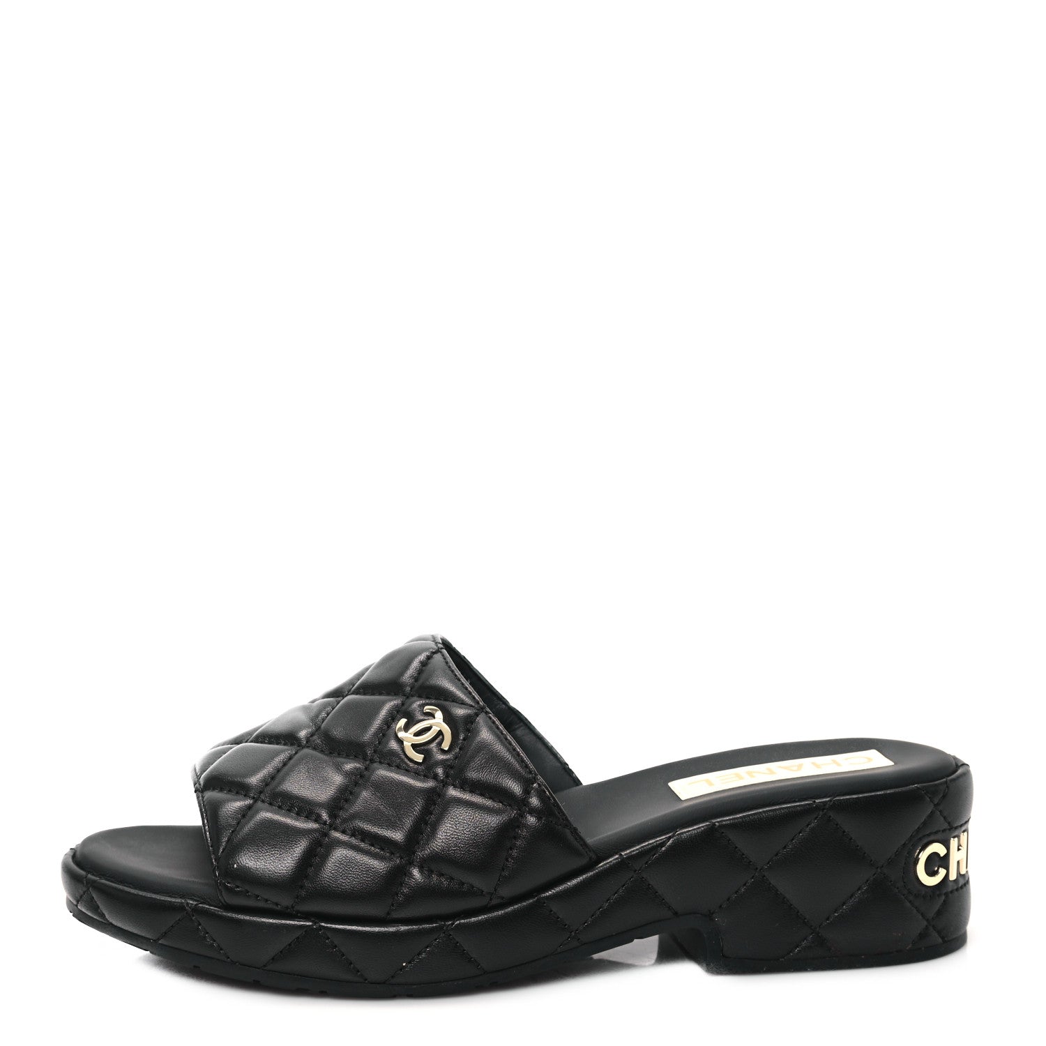 Chanel Lambskin Quilted CC Mules Wedge Sandals 40 Black 1 of 9