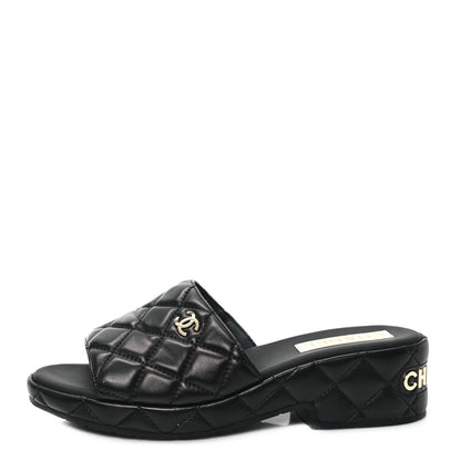 Chanel Lambskin Quilted CC Mules Wedge Sandals 40 Black 1 of 9