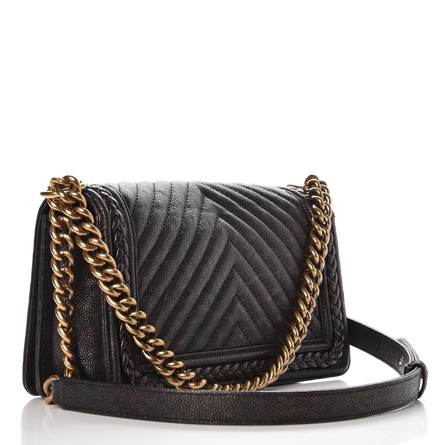 Patinated Calfskin Chevron Quilted Medium Braid Around Boy Flap Brown