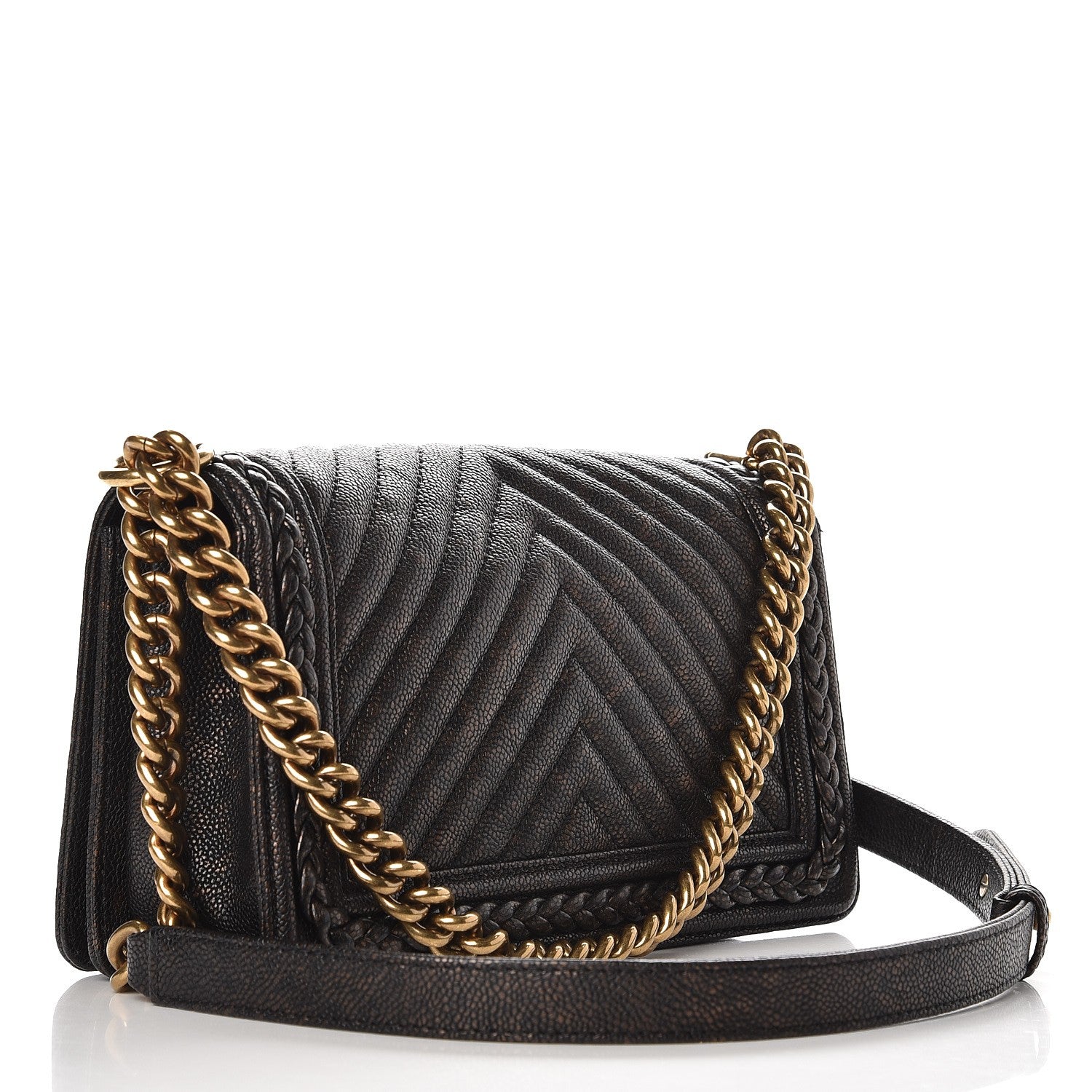 Chanel Patinated Calfskin Chevron Quilted Medium Braid Around Boy Flap Brown 3 of 8