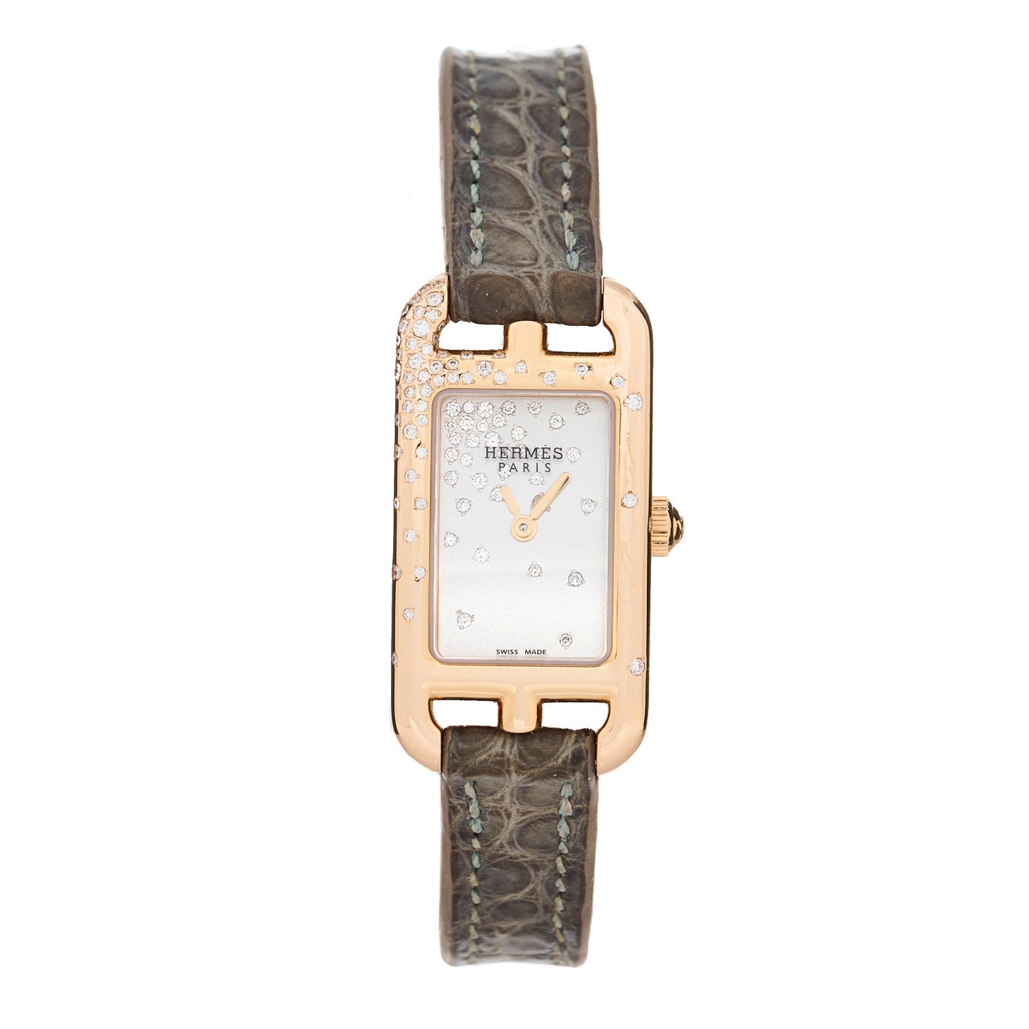 Hermes 18K Rose Gold Alligator Diamond 17mm Nantucket Jete De Diamants Quartz Watch Gris Perle 1 of 5