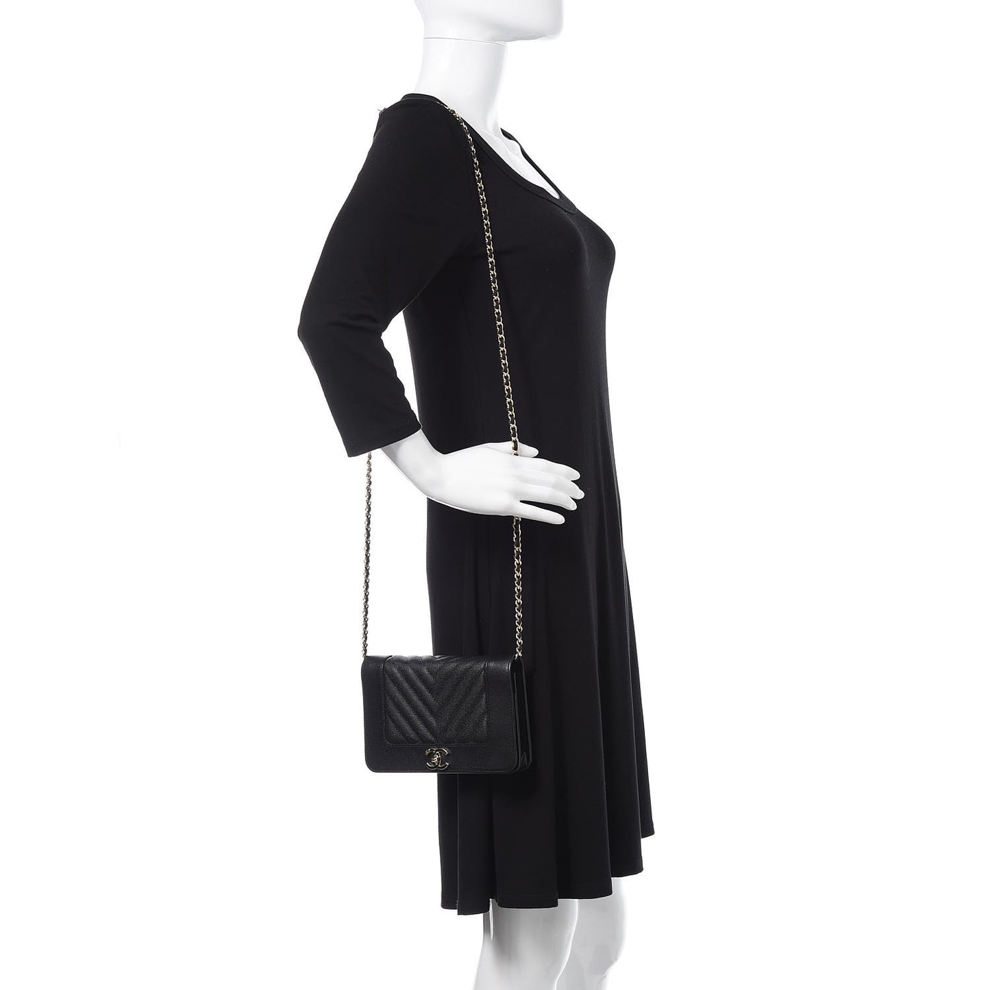 Caviar Sheepskin Chevron Quilted Vintage Mademoiselle Wallet On Chain WOC Black