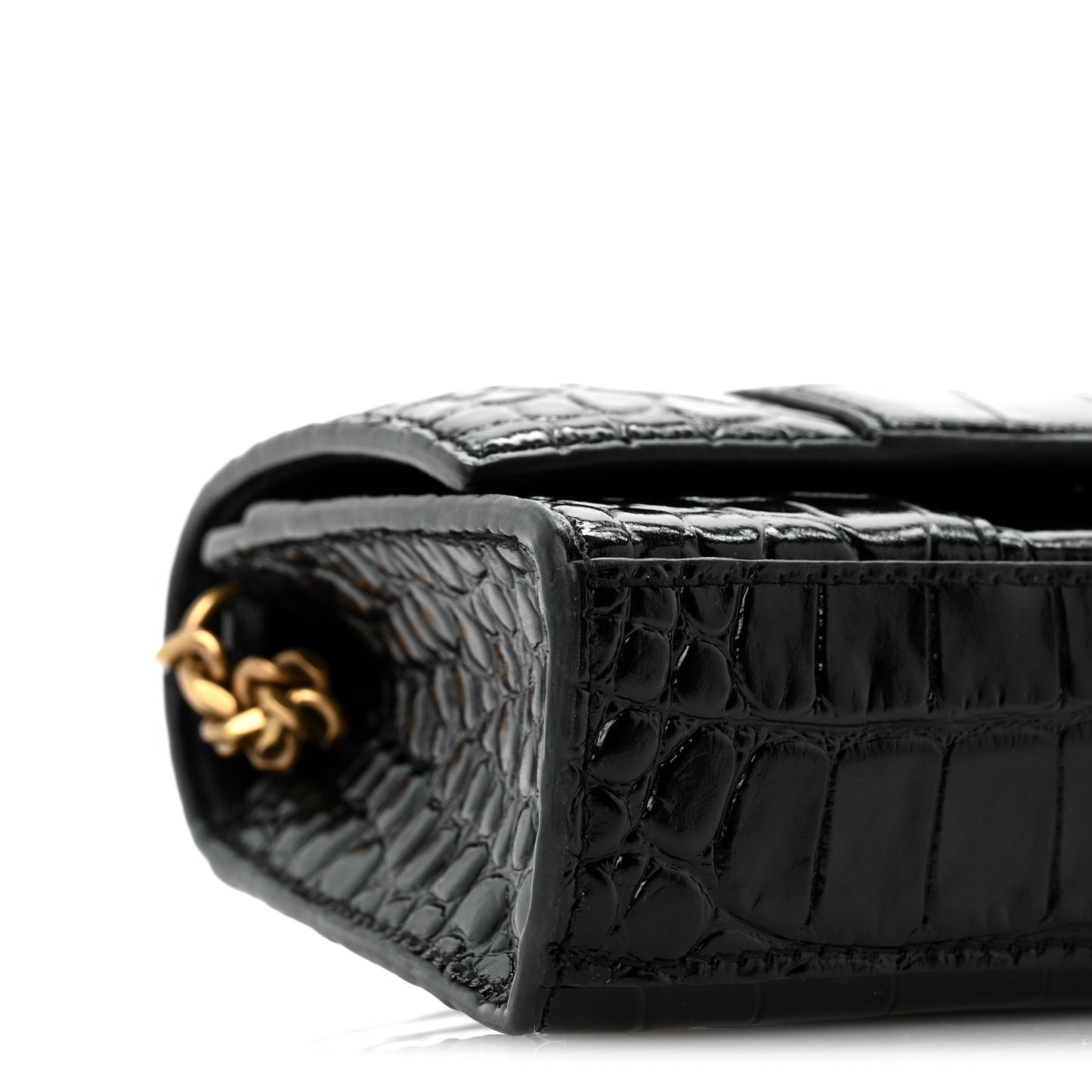 Shiny Calfskin Crocodile Embossed Hourglass Chain Bag Black
