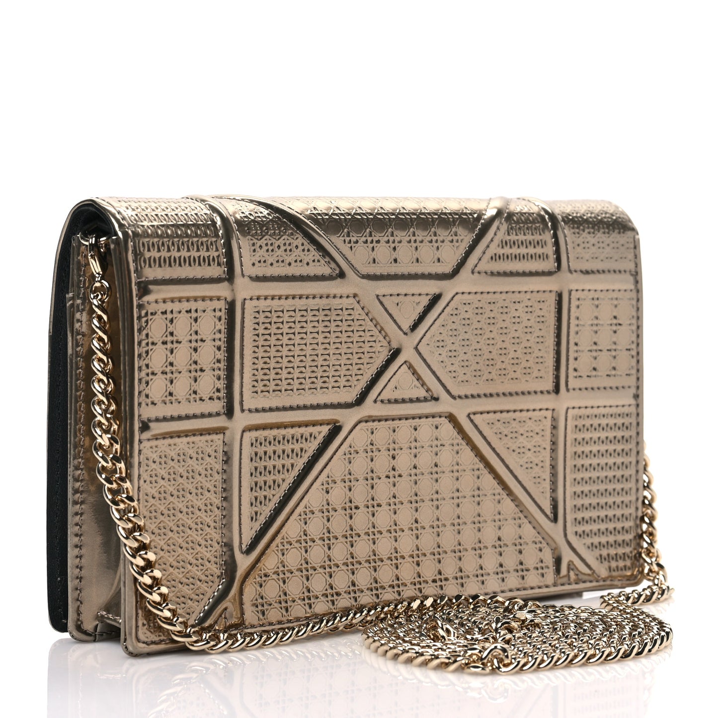 Metallic Patent Micro-Cannage Diorama Wallet on Chain Pouch Gold