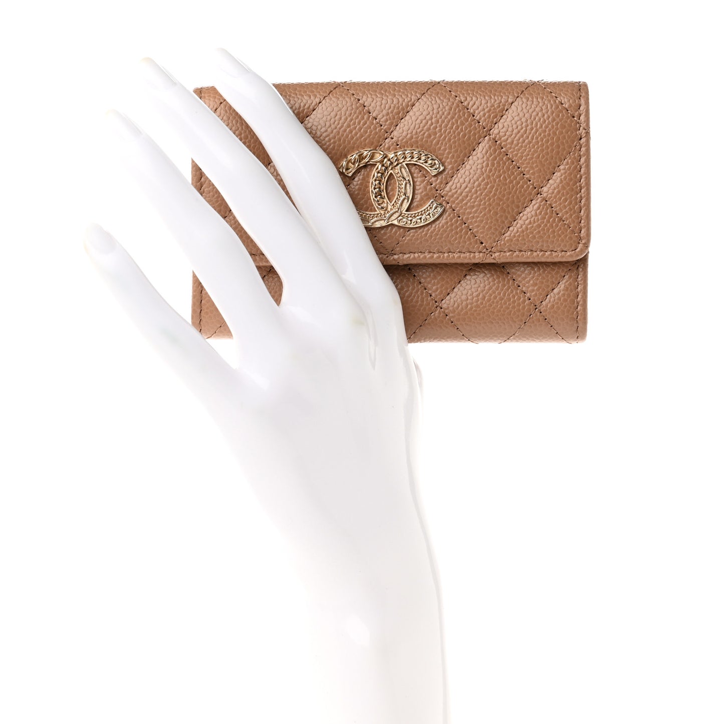 Caviar Quilted Multi Chain CC Flap Card Holder Beige
