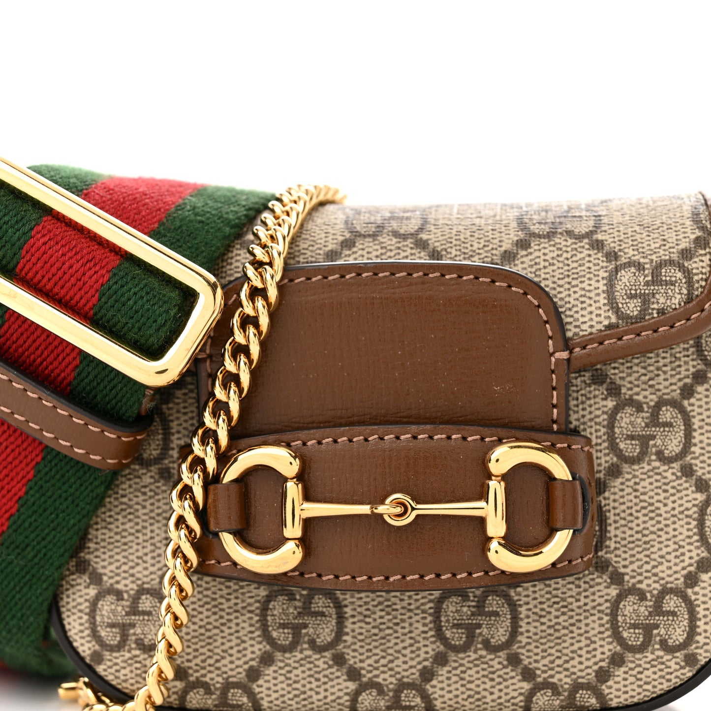 GG Supreme Monogram Azalea Calfskin Web Horsebit 1955 Wallet On Strap Beige Ebony Brown Sugar