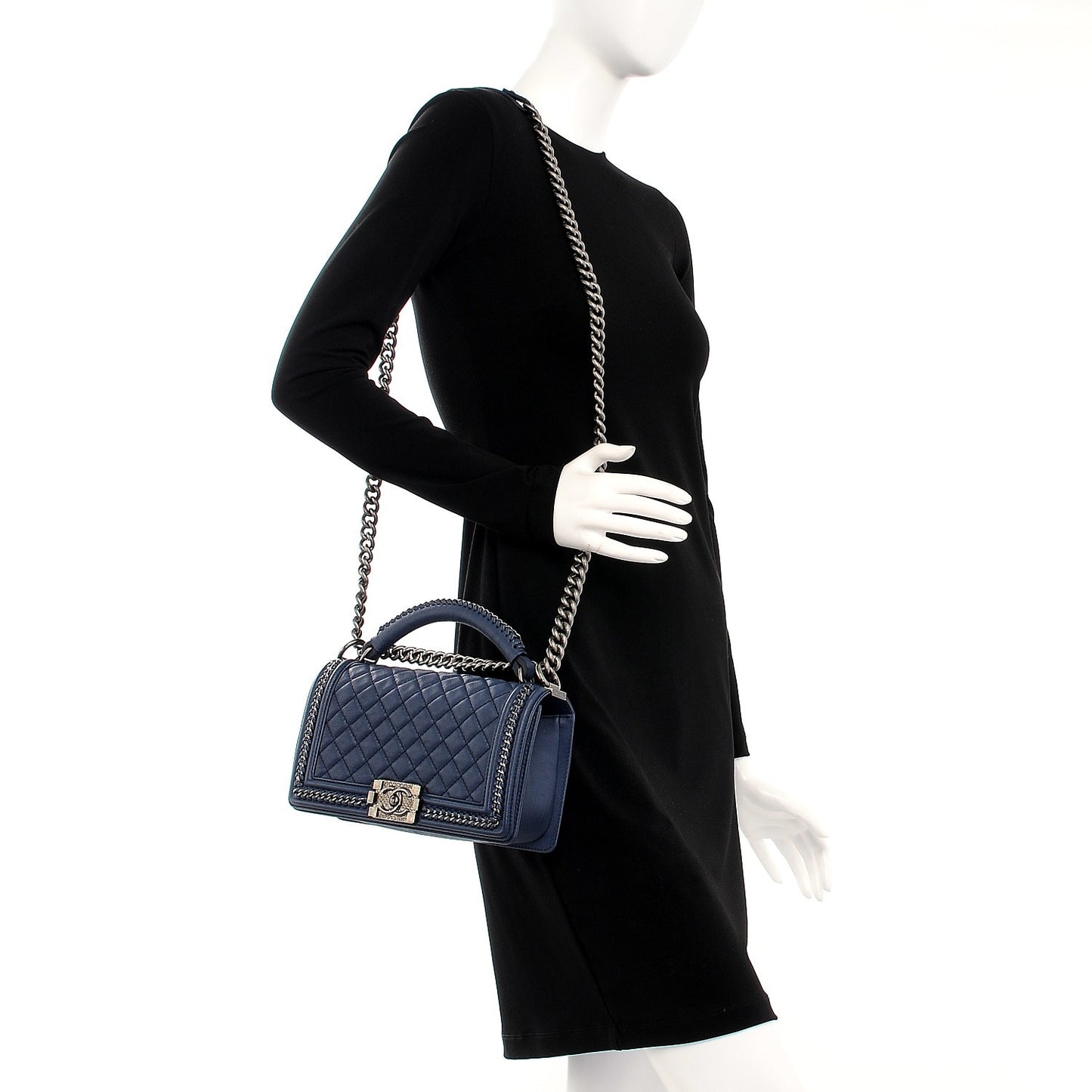 Calfskin Quilted Medium Top Handle Boy Flap Blue