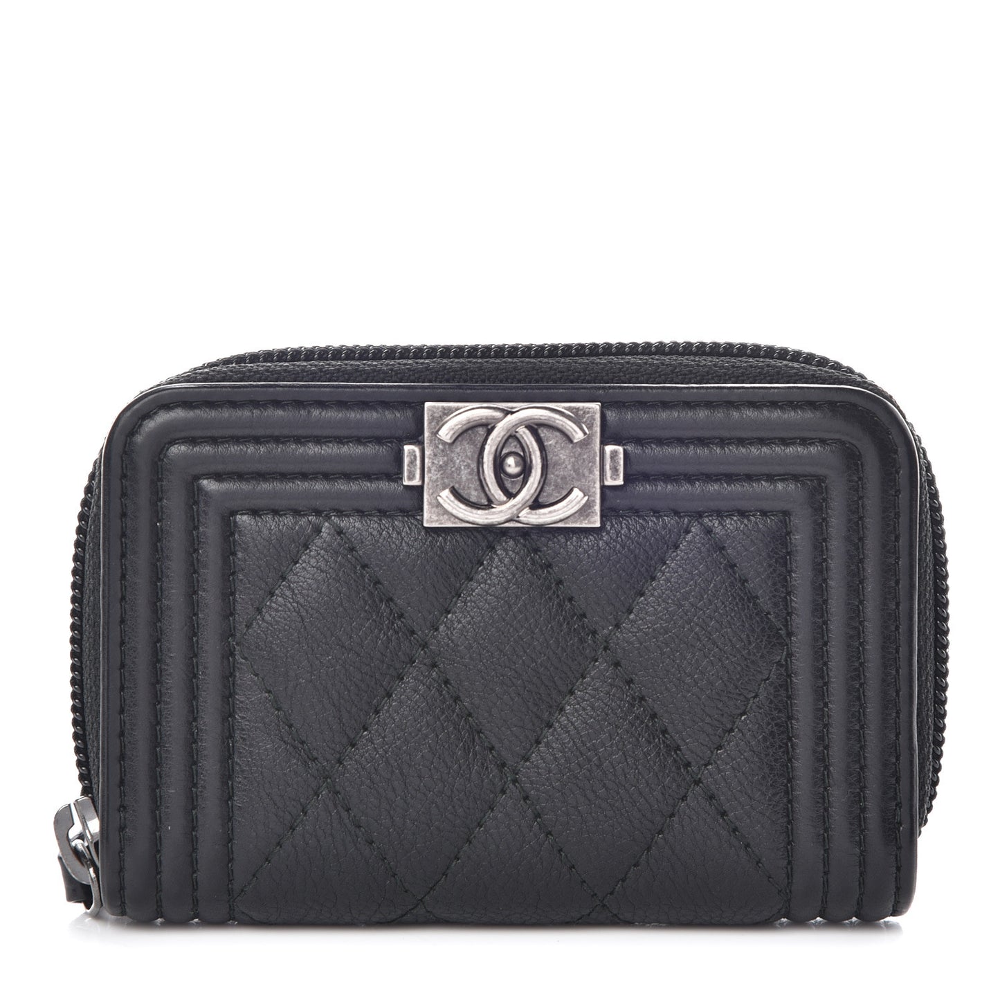 Calfskin Quilted Boy Zip Around Coin Purse Wallet Black