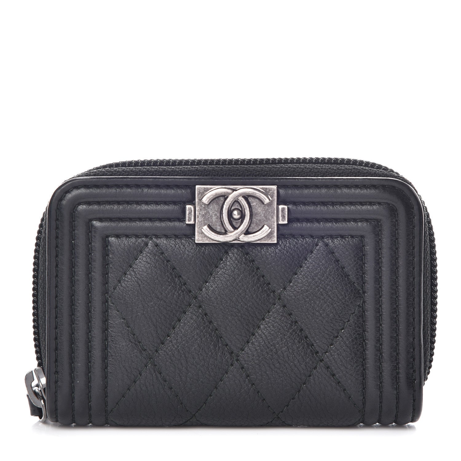 Chanel Calfskin Quilted Boy Zip Around Coin Purse Wallet Black 1 of 9