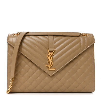 Saint Laurent Grain De Poudre Mixed Matelasse Large Triquilt Monogram Satchel Dark Latte 1 of 10