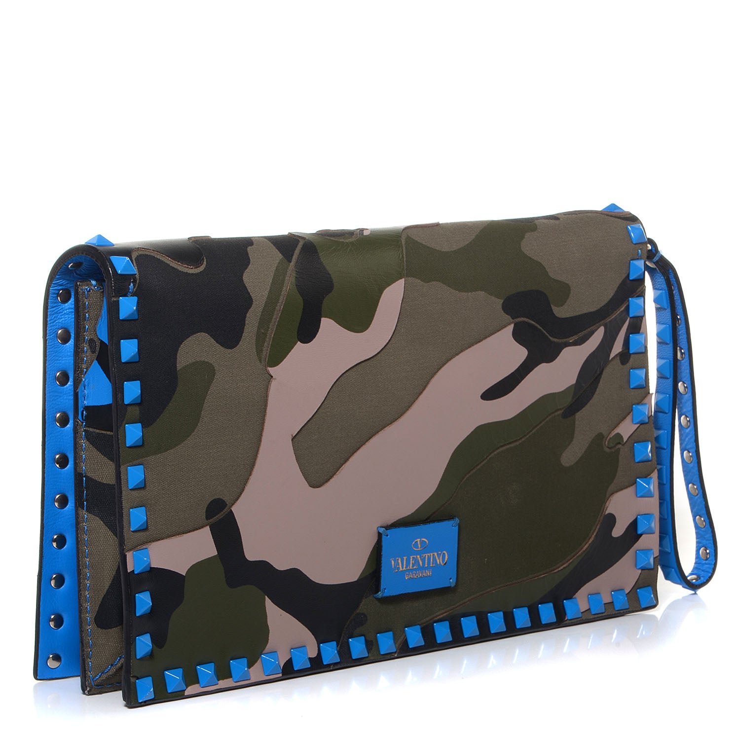 Valentino Garavani Nappa Canvas Camouflage Rockstud Wristlet Clutch Green Blue Fluo 3 of 8